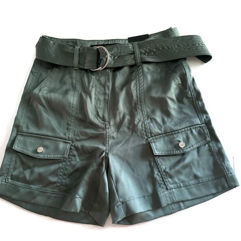 High-Waist Green Cargo Satin Shorts with Belt